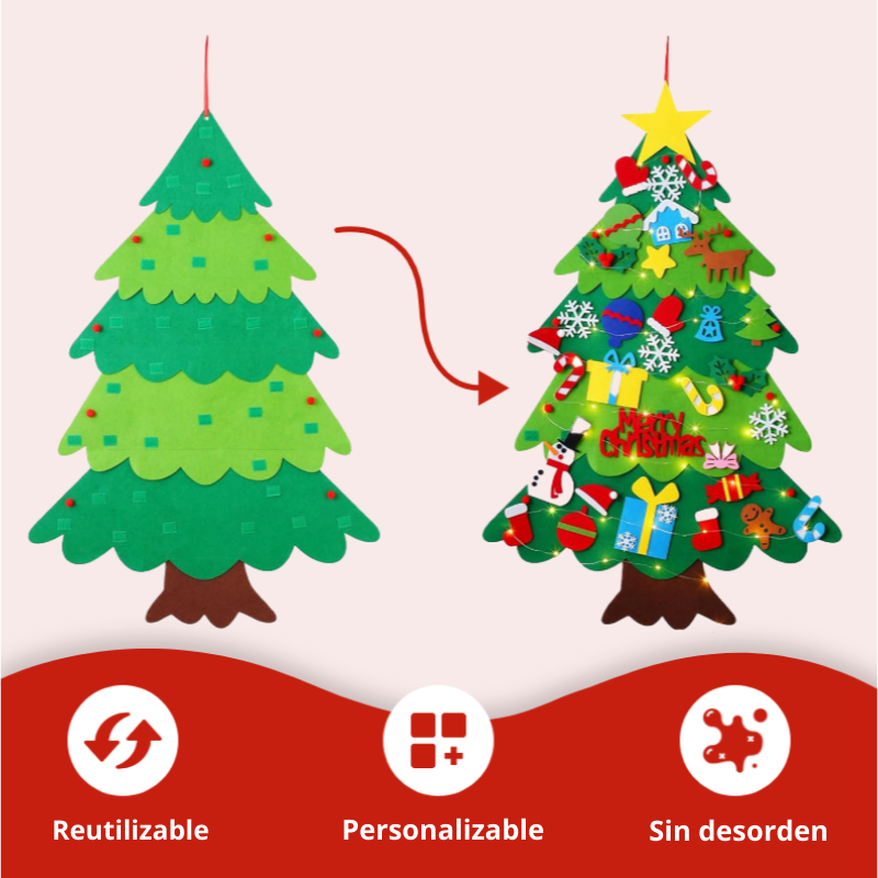 Árbol de navidad de fieltro con 25 adornos + luces de 3m